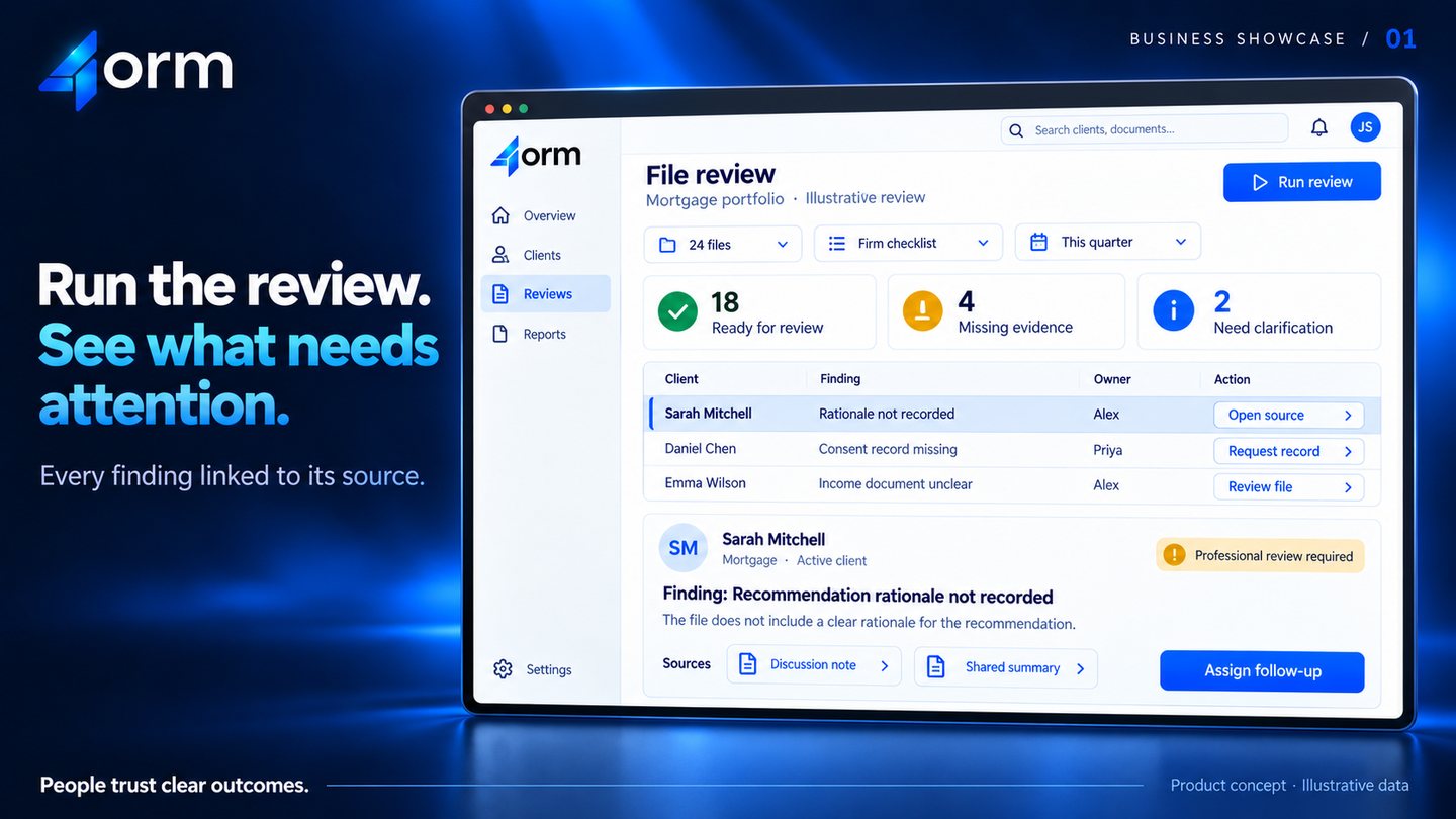 A file review screen listing 24 mortgage files: 18 ready for review, 4 missing evidence, 2 needing clarification, with each finding linked to its source document.